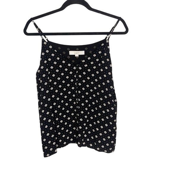 LOFT Medium Black Cream Printed Button Front V Neck Tank Top Camisole Ann Taylor - Picture 1 of 6